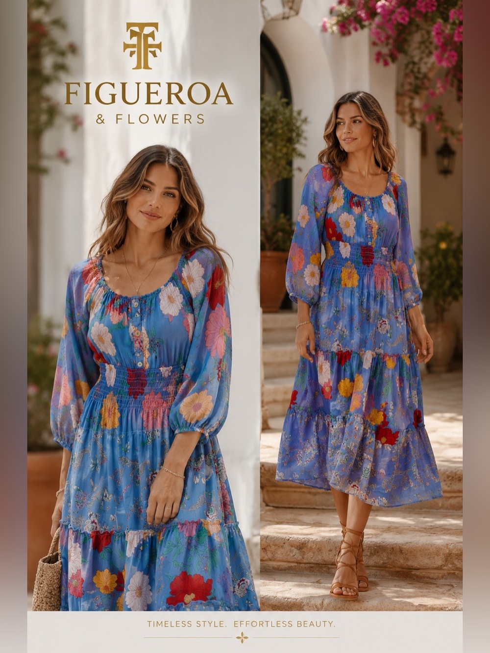 NWT Figueroa & Flowers Blue Floral Smocked Tiered Midi L Dress Western Boho C2